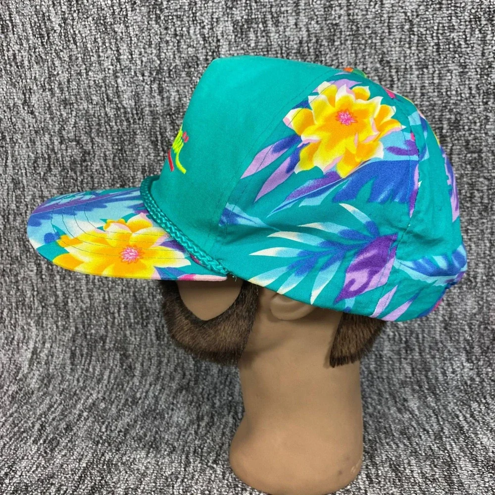 VTG Hawaii Hat Hawaiian Headwear Snapback Cap Floral Tropical Teal 80s 90s Rope